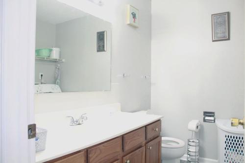 ein Badezimmer mit einem Waschbecken, einem WC und einem Spiegel in der Unterkunft MD Cozy Corner in Johnson City