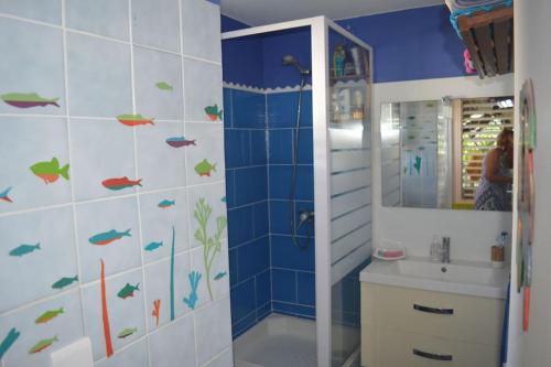 La salle de bains est pourvue d'une douche avec du poisson sur le mur. dans l'établissement villa bougainvillier jardin privatif, à Saint-François