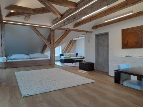 Boletice的住宿－Loft Polná，客厅设有木制天花板、桌子和沙发