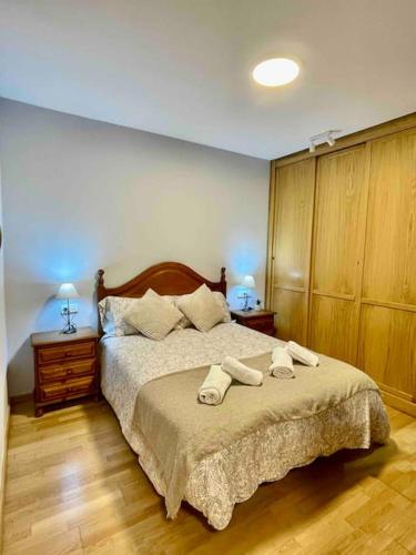 een slaapkamer met een bed met twee handdoeken erop bij Piso Pineta in Bielsa