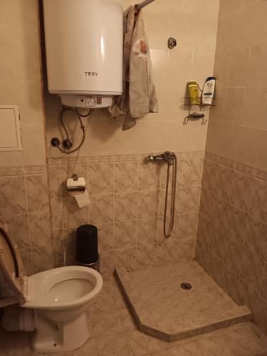 a bathroom with a shower with a toilet and a sink at Rutland Bay in Ravda