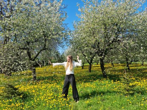 a woman standing in a field of flowers and trees at Willa Pod Aniołem in Inowrocław