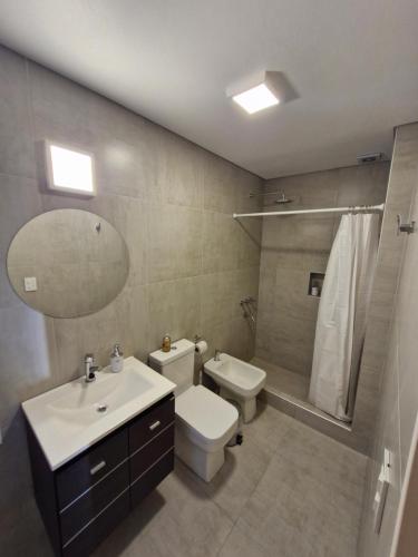 een badkamer met een wastafel, een toilet en een douche bij Austral Lofts in Puerto Madryn