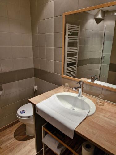 een badkamer met een wastafel, een toilet en een spiegel bij Le Domaine de Bella in Dangé