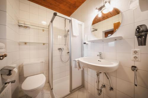 a bathroom with a toilet and a sink and a shower at Gästehaus Johanna in Kitzbühel