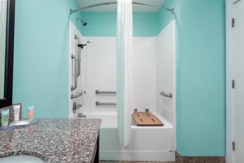 a bathroom with a shower with a wooden cutting board at Bikini Beach Resort in Panama City Beach