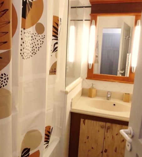 une salle de bain avec un lavabo et un miroir dans l'établissement Au milieu des pins, charmant appartement de 38 m2 - 4 personnes - Domaine du Golf, à Lacanau-Océan