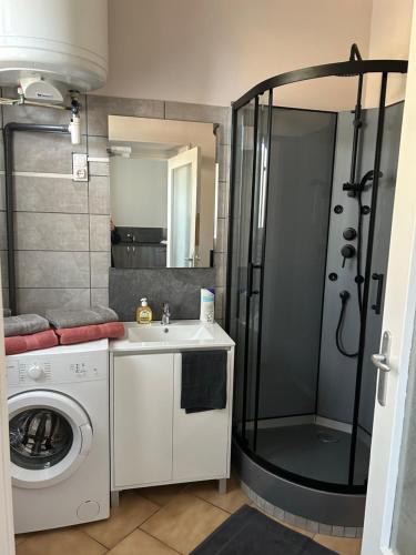 une salle de bain avec douche et machine à laver dans l'établissement Charmant appartement en rez-de chaussée, à Saint-Marcel