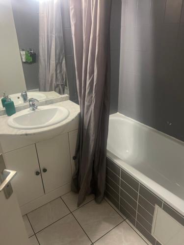 une salle de bain avec un lavabo et un rideau de douche dans l'établissement Appartement à Sannois 2 pièces proche de Paris, à Sannois