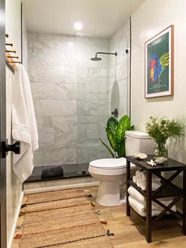 a bathroom with a toilet and a glass shower at Skypine Lodge - Log Lodge Atop the World in Jim Thorpe