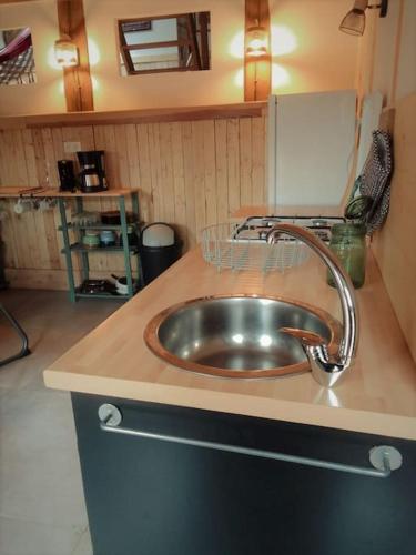 un comptoir de cuisine avec un évier dans une cuisine dans l'établissement Loft les Noies Parrons, gîte aux milles étangs, à Mélisey