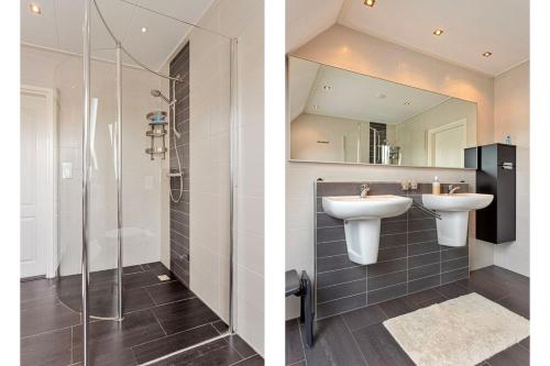 2 fotos de un baño con lavabo y ducha en Bron van Rust en Siegerswoude