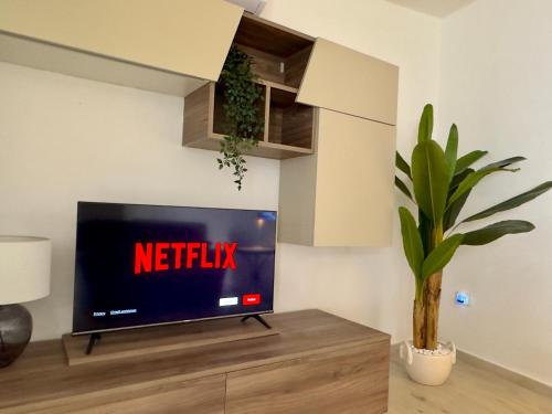 a tv in a living room with a netflix sign on it at Casa Moderna in Olbia