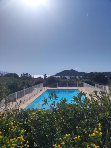 uitzicht op een zwembad met bergen op de achtergrond bij Joli appartement avec jardin dans résidence avec piscines in Agay - Saint Raphael