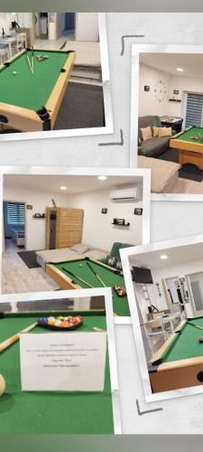 een collage van foto's van een woonkamer met een pooltafel bij Tata Vendégház in Tata