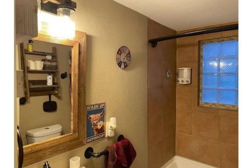 bagno con doccia e specchio di Stockyards-Walk 1 Block to StockYards-Cowboy Cabin a Fort Worth