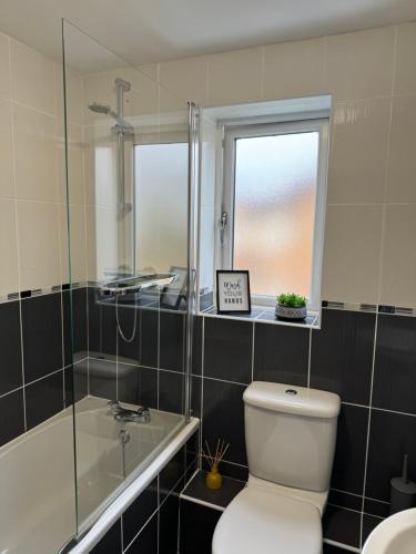 a bathroom with a toilet and a shower and a sink at Church View 2 King Bedroom Contractor Family Sky TV in Higham Ferrers