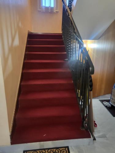 a red carpeted staircase in a building at Goutanou 01200 in Châtillon-de-Michaille