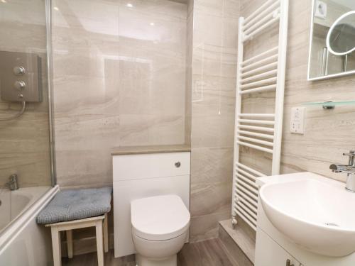 La salle de bains est pourvue de toilettes et d'un lavabo. dans l'établissement 6 Lyme Mews, à Seaton