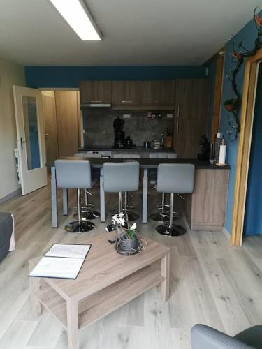 une cuisine avec une table et des chaises dans une pièce dans l'établissement Le bonheur au vert feuillage, à Honfleur