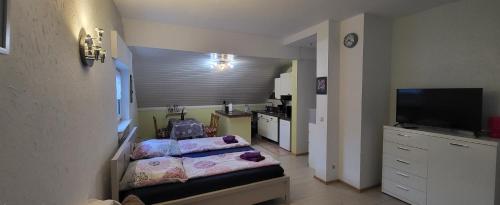 a bedroom with two beds and a flat screen tv at Fewoela in Eppstein