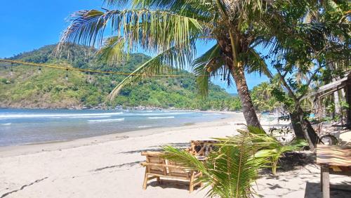 a beach with a wooden bench and palm trees at Balai Ko - Tent 1 in Locaroc