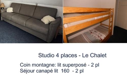 a living room with a couch and a bunk bed at LE CHALET - Piscine - Studio pour 4 Personnes 804 in Gourette