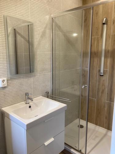 a bathroom with a sink and a shower at 't Zaandhuus in Stuifzand