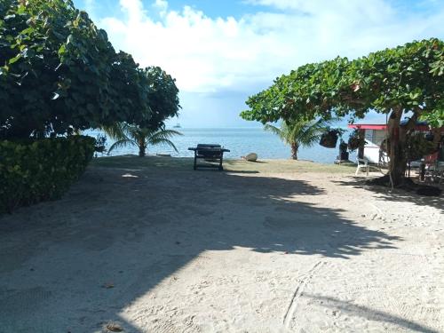 una mesa de picnic en la playa junto al océano en Chez Vetea en Faie