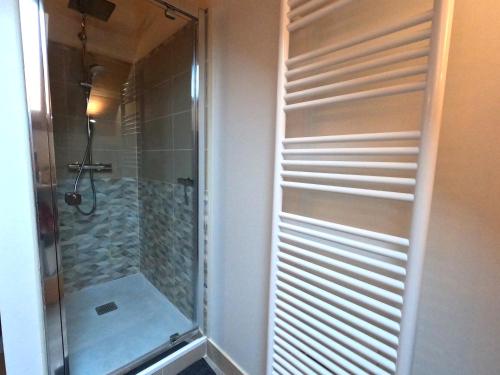 uma casa de banho com um chuveiro e uma porta de vidro em Oisans Chalet indépendant em Le Vert