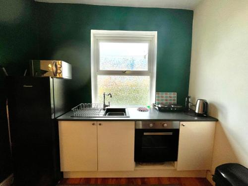 a kitchen with a sink and a window at Spacious Garden Flat in Snowdonia National Park in Brynkir