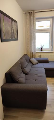 a couch in a living room with a window at Ferienwohnung ASL in Aschersleben