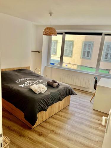 une chambre avec un grand lit dans une pièce dans l'établissement Le Milaz - Appartement classé 3* proche du lac - 8 personnes, à Thonon-les-Bains