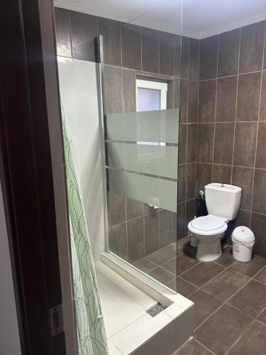 a bathroom with a toilet and a glass shower at Casa Alyss in Şimian