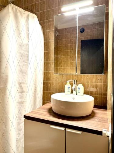 a bathroom with a sink and a mirror at Lugano Gem Mini Suite Moderna in Lugano