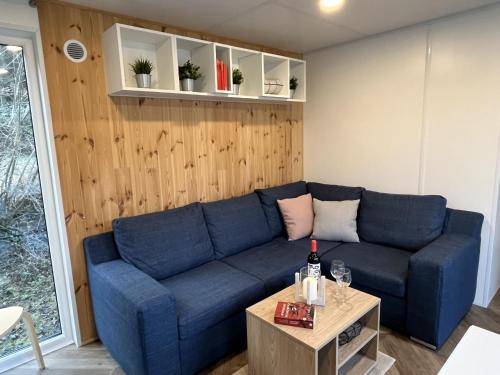 a blue couch in a living room with a table at Holiday Home Tiny Haus Antonia by Interhome in Riedenburg