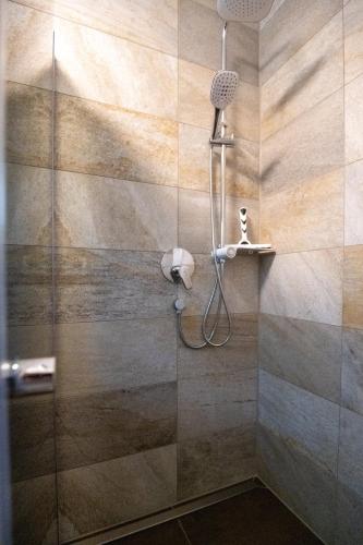 a bathroom with a shower with a shower head at Fewo Steuerbord in Braunsbedra