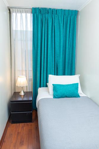 a bedroom with a large bed with a blue curtain at Departamentos Amoblados Torre Tagle in Santiago