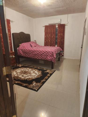ein Schlafzimmer mit einem Bett und einem Teppich in einem Zimmer in der Unterkunft Cozy Chateau in Heart Ease