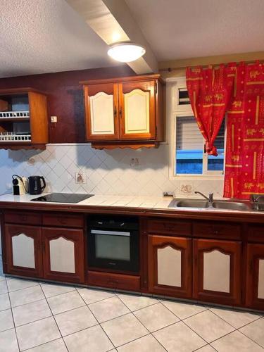 a kitchen with wooden cabinets and a sink and a window at La Maison Cocktail in Émilien