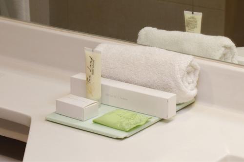 Baño con 2 cajas en un estante frente a un espejo en City Express Suites by Marriott Tijuana Rio en Tijuana
