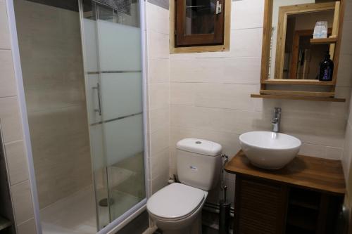 une salle de bain avec toilettes, lavabo et douche dans l'établissement Les Chalet Du Soleil - Chalets du Soleil 9 MAE-6344, à Saint-Gervais-les-Bains