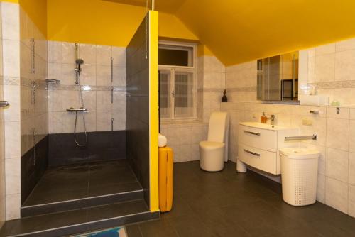 een badkamer met een douche en een wastafel bij Villa Orasch mit Erotikflair in Krumpendorf am Wörthersee