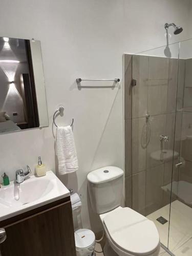 Apartaestudio en Barranquilla في بارانكويلا: حمام مع مرحاض ومغسلة ودش