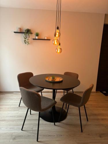 une salle à manger avec une table et des chaises noires dans l'établissement Appartement plein centre Épinal, à Épinal