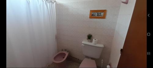 uma casa de banho com um WC e um urinol cor-de-rosa em LA CASA DE LILI Y JAVIER em Villa María