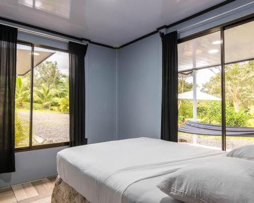 1 dormitorio con paredes azules y ventanas grandes en La Casa del Tío Carlos, en San Pedro