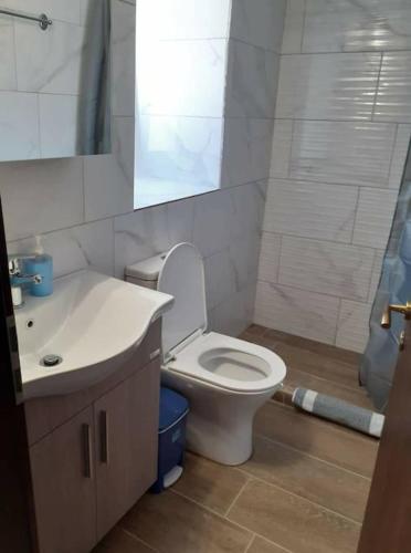 uma casa de banho com um WC branco e um lavatório. em Traditional Aesthetic 1 Bedroom Apartment em Kalamata