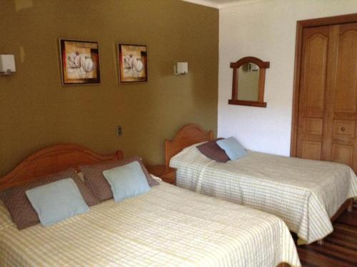 a bedroom with two beds and a mirror at Hostal el Parron in Rancagua