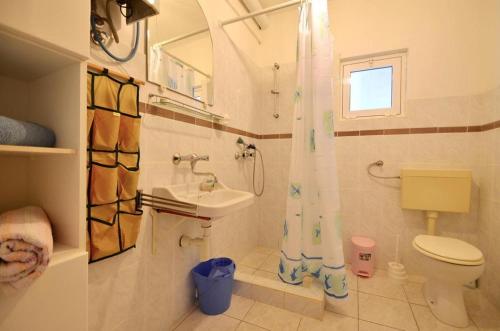 a bathroom with a toilet sink and a shower curtain at Seaside secluded apartments Cove Vela Borova, Korcula - 15062 in Prizba